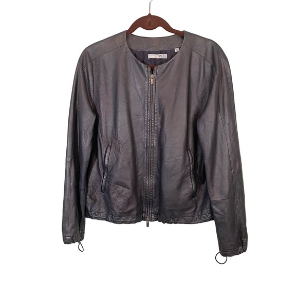 Vince Women's Black Lamb Leather Round Neck Full Zip Biker Moto Jacket Large